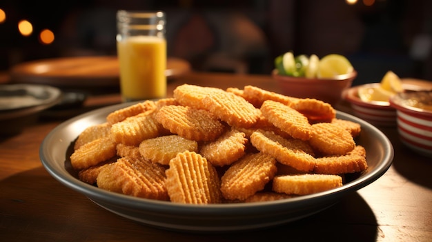 een bord crackers met een glas sinaasappelsap ernaast.