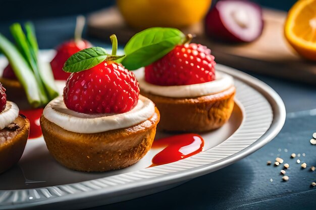 een bord cupcakes met een aardbei erop