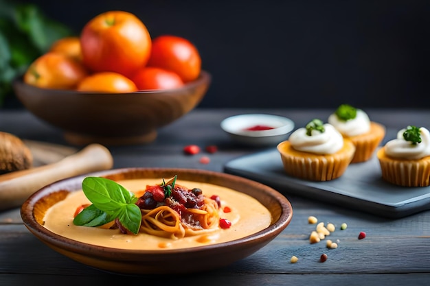 een bord cupcakes met sinaasappels en een bord eten erop