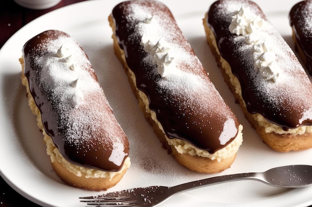 Een bord desserts met chocoladesuikerglazuur erop