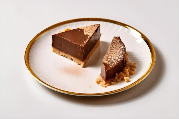 Een bord desserts met een gouden rand en een stuk chocoladetaart erop.