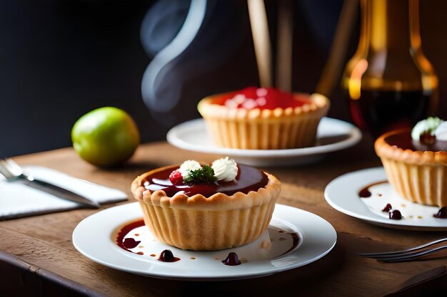 een bord desserts met een kaars op de achtergrond