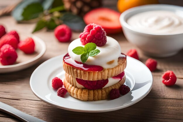 een bord desserts met frambozen en slagroom erop.