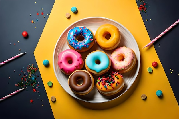 Een bord donuts met kleurrijke hagelslag erop