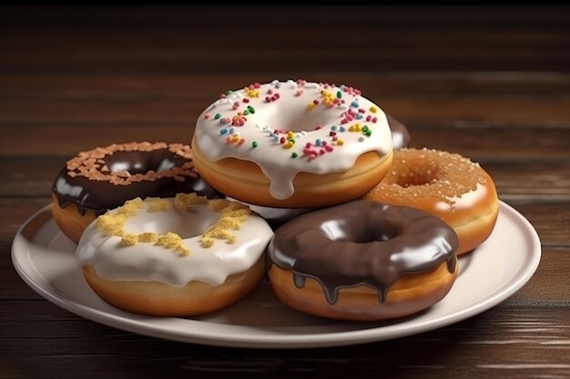 Een bord donuts met verschillende toppings erop