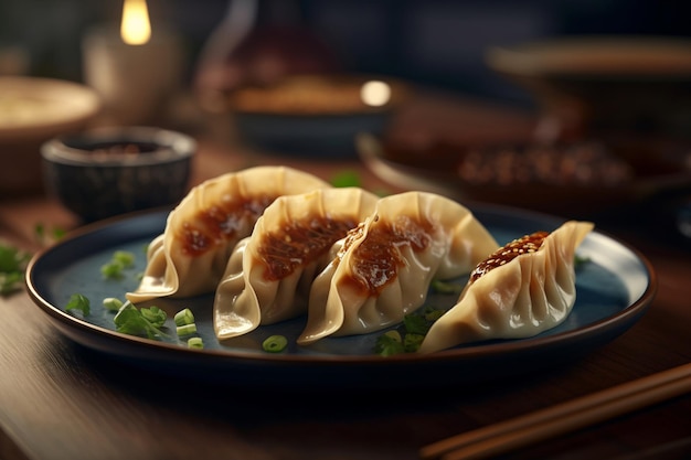 Foto een bord dumplings met groene uien erop