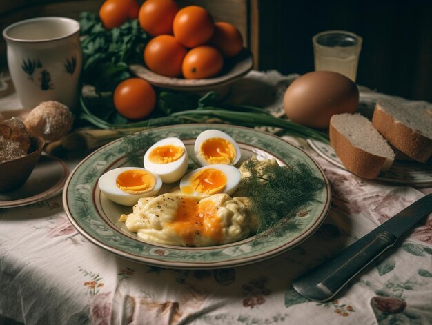 Een bord eieren met een bord eieren en een schaal brood op tafel.