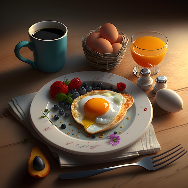 Een bord eieren met een kopje koffie en een glas jus d'orange