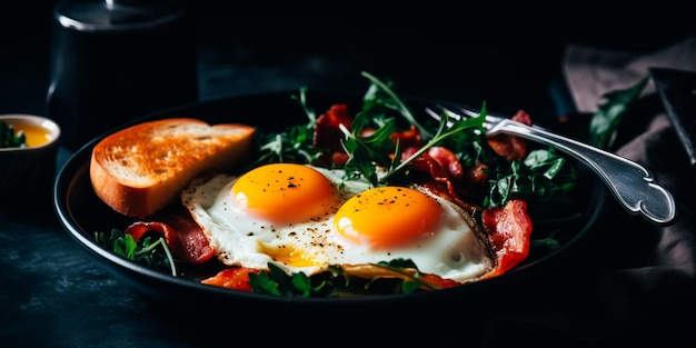 Een bord eieren met spek en toast