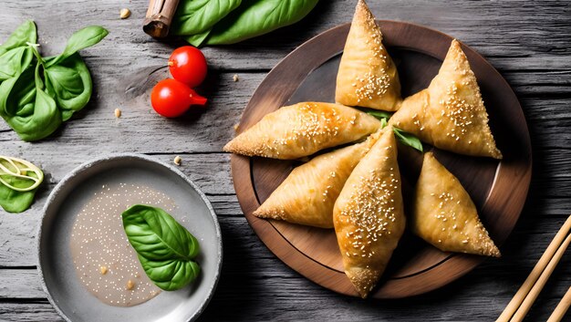 Een bord empanadas met basilicumblaadjes erop