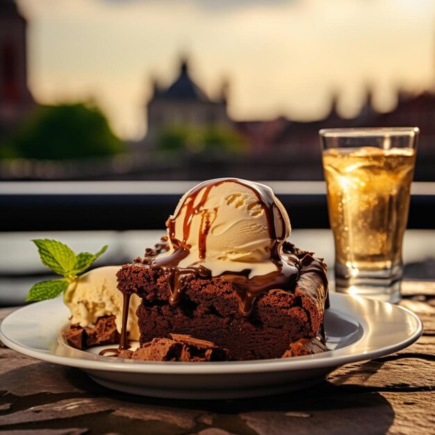 Foto een bord eten en een glas bier op tafel