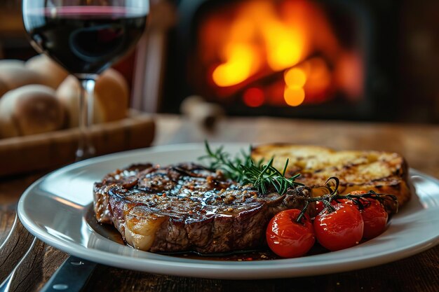 een bord eten en een glas wijn op een tafel met een open haard op de achtergrond