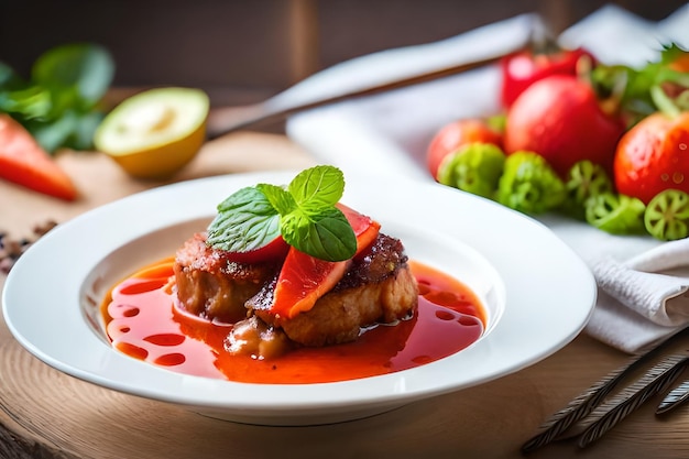 een bord eten met aardbeien en aardbeien erop