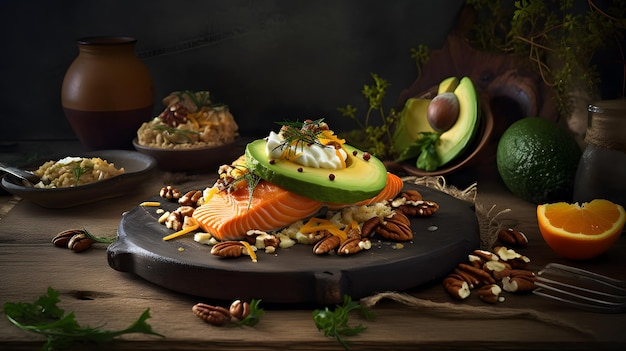 Een bord eten met avocado en slagroom erop