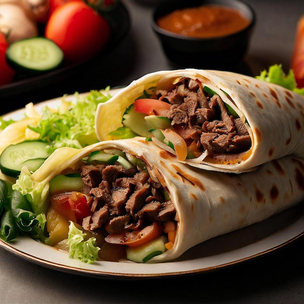 Een bord eten met beef wrap en groenten erop