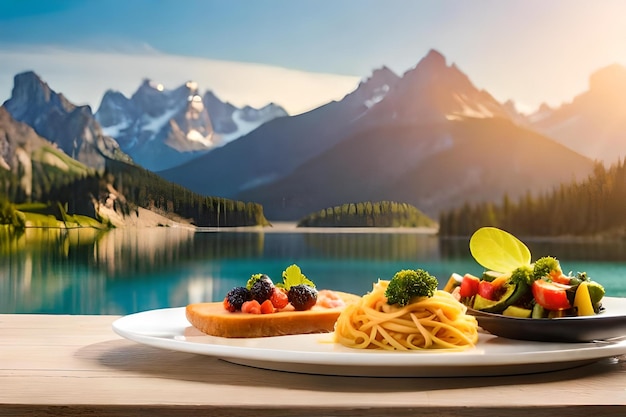 een bord eten met bergen op de achtergrond