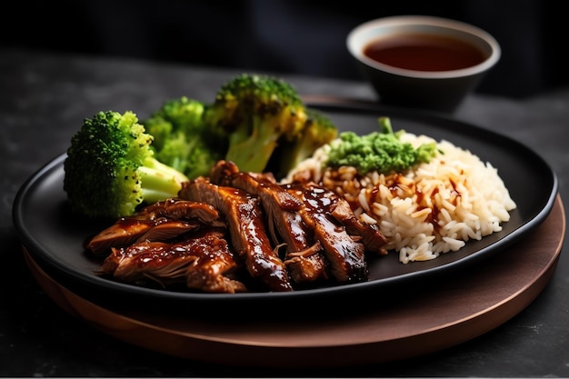 Een bord eten met broccoli en kip met een kopje saus