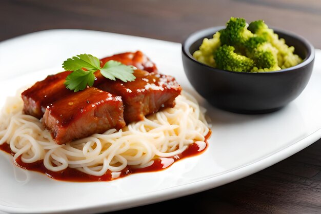 een bord eten met broccoli en noedels erop.