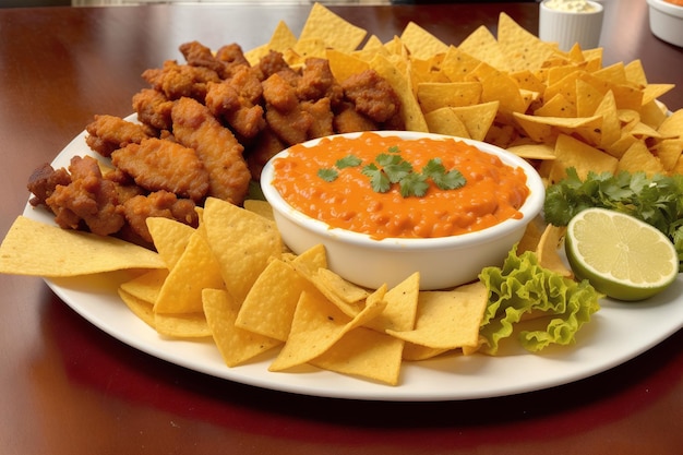 Een bord eten met chips en salsa.