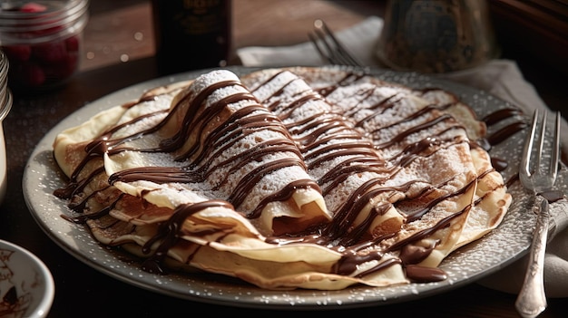 Een bord eten met chocoladesiroop en een bord pannenkoeken.