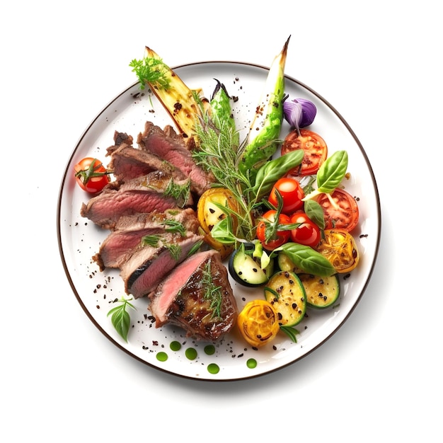 Een bord eten met daarop een bord vlees en groenten