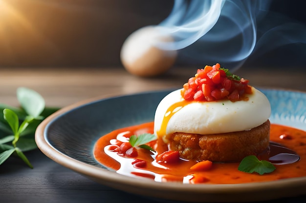 Een bord eten met daarop een gepocheerd ei en tomatensaus erop.