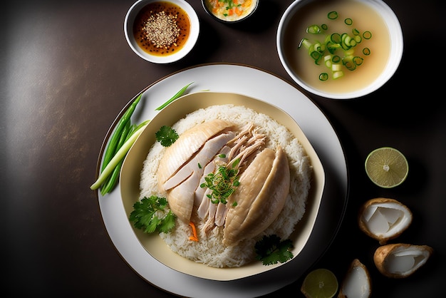 Foto een bord eten met daarop een kip- en rijstgerecht.