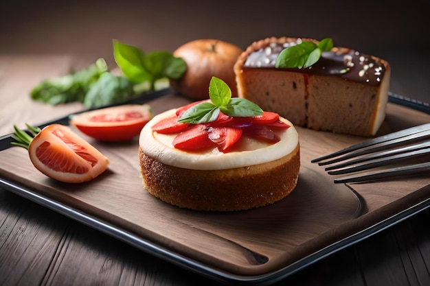 Een bord eten met daarop een plakje cake en een plakje tomaat.