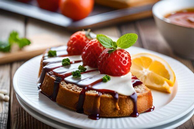 Een bord eten met een aardbei en een aardbei erop