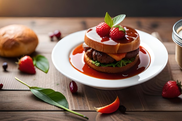 Een bord eten met een aardbei en wafel erop