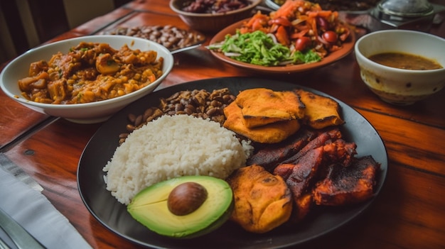 Een bord eten met een bord eten met een verscheidenheid aan eten, waaronder bonen, avocado, bonen en avocado.