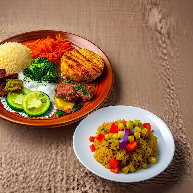 Een bord eten met een bord rijst en een bord eten met een paars en oranje handvat.
