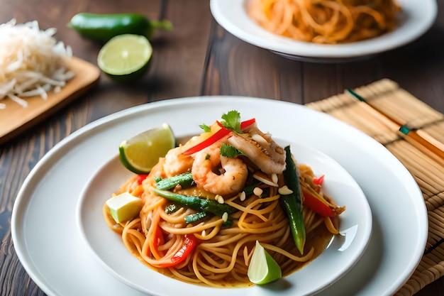 Een bord eten met een garnaal en groenten erop