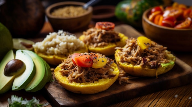 Een bord eten met een geel bananenbroodje en een kom avocado.