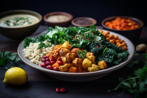 Een bord eten met een gele citroen en groenten erop