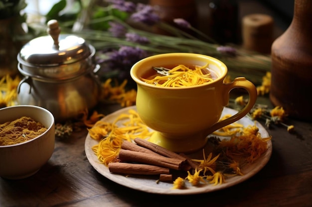 een bord eten met een gele kop soep erop