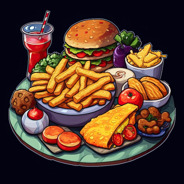 Een bord eten met een hamburger en friet erop