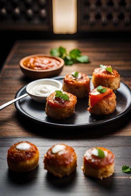 Een bord eten met een kant van tomatensaus