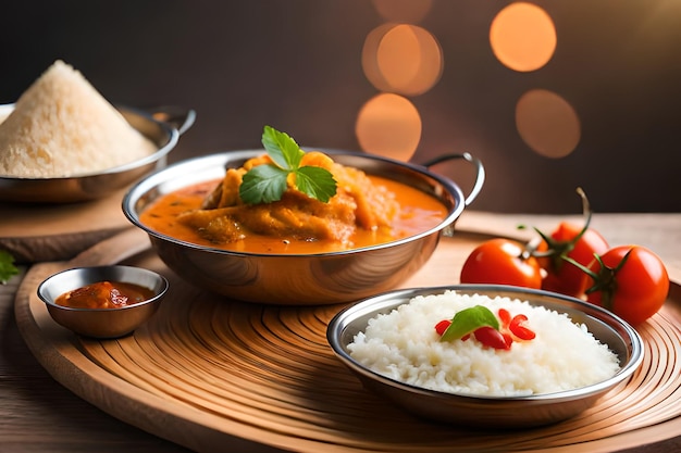 Een bord eten met een kom rijst en tomaten erop