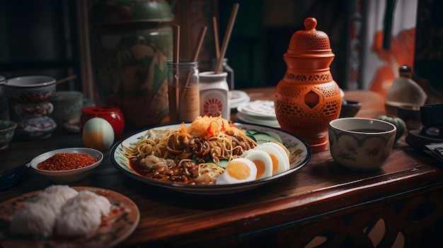 Een bord eten met een kopje thee op tafel