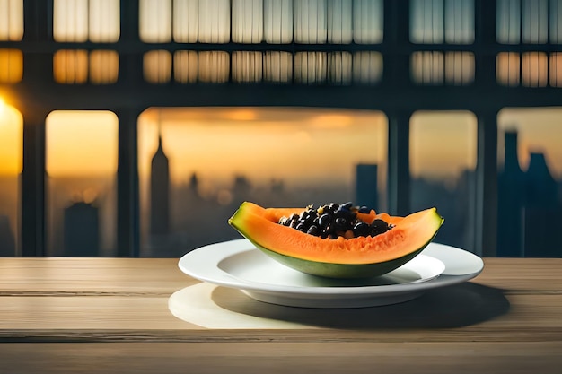 Een bord eten met een plakje meloen erop