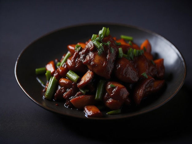 Een bord eten met een rode saus en groene uien erop