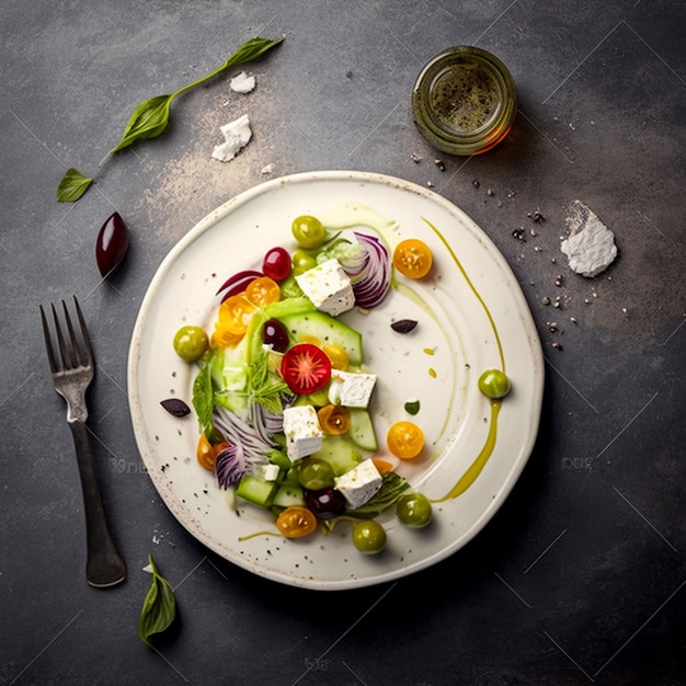 Een bord eten met een salade en een potje olijfolie erbij.