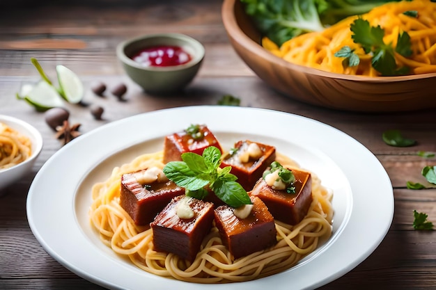 een bord eten met een schaal eten erop met een schaal eten op tafel.