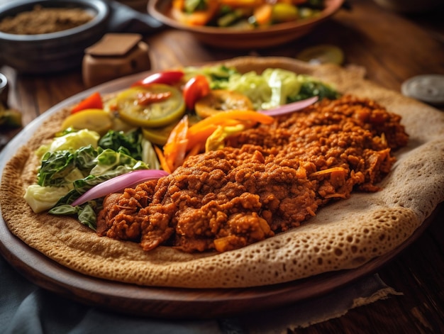 Een bord eten met een stapel eten erop