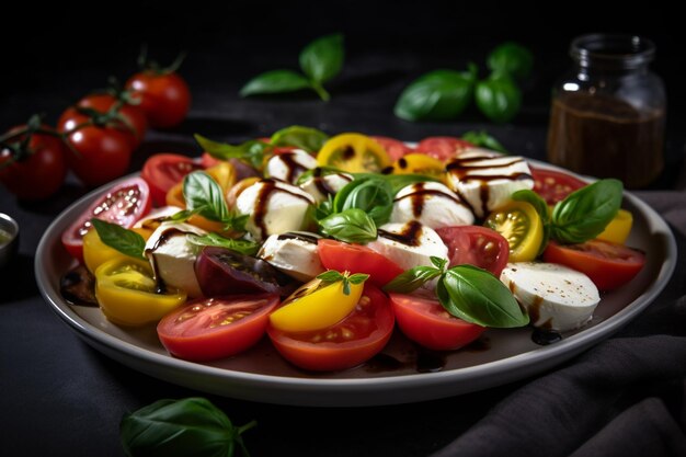 Een bord eten met een tomaat en mozzarella kaas