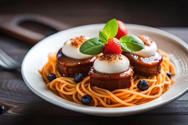 Foto een bord eten met een topping van aardbeien en chocolade erop