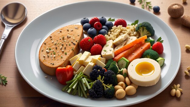 een bord eten met een verscheidenheid aan groenten en brood erop