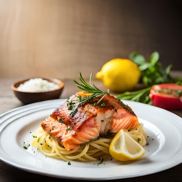 Een bord eten met een zalm en pasta erop