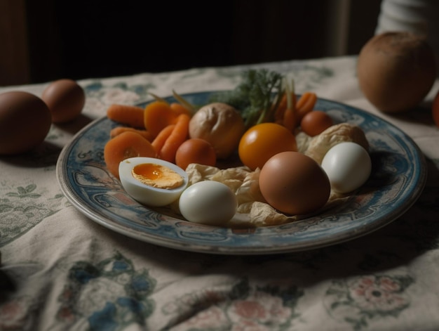 Een bord eten met eieren en wortelen erop